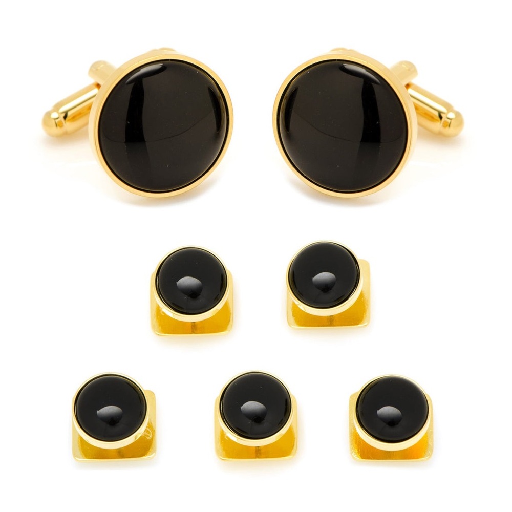 OX & BULL GOLD AND ONYX CUFF LINKS AND SHIRT STUDS SET NWT